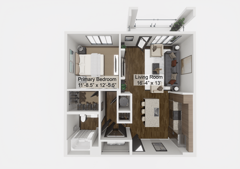 Floor plan for 1 bed, 1 bath, 808 sqft